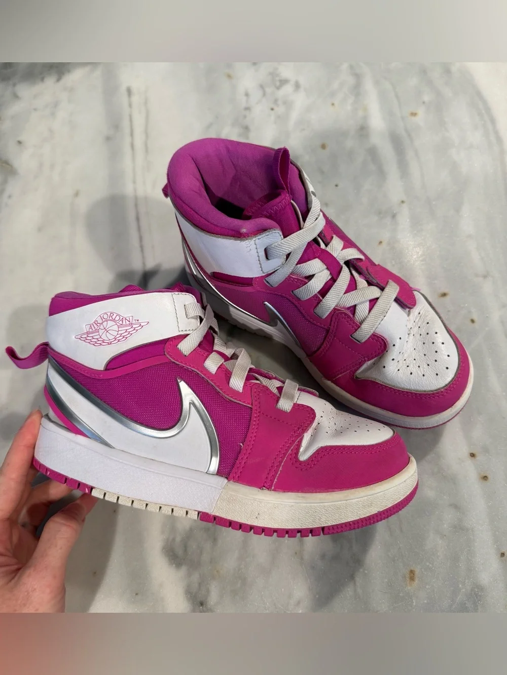 Jordan Pink and White Mid-Top Sneakers with Silver Swoosh